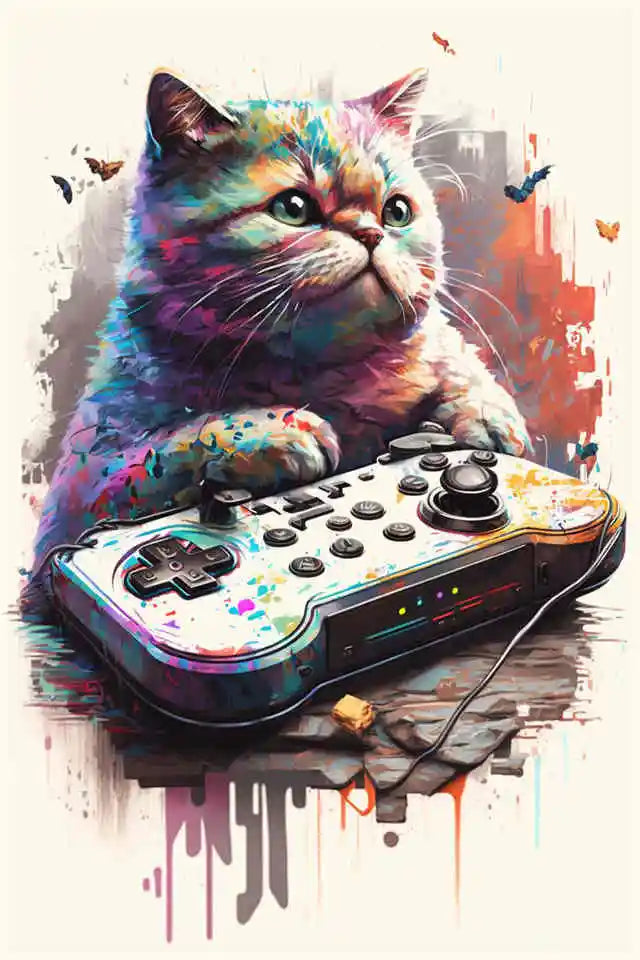 Video Game Player Cat Painting Style Wall Poster - Item - BAI-DAY