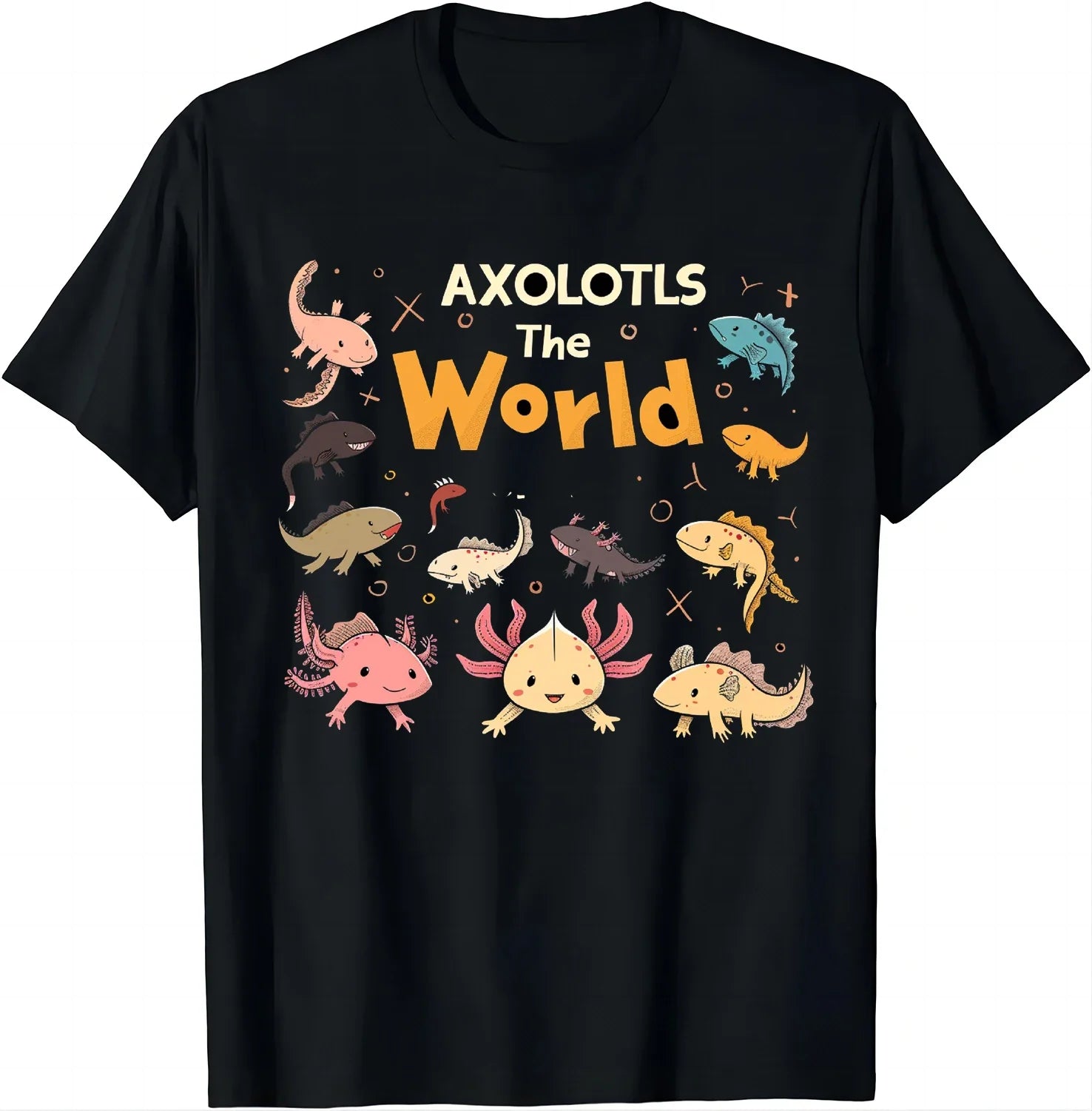 Casual Black T-shirt Patterned Axolotls - Item - BAI-DAY