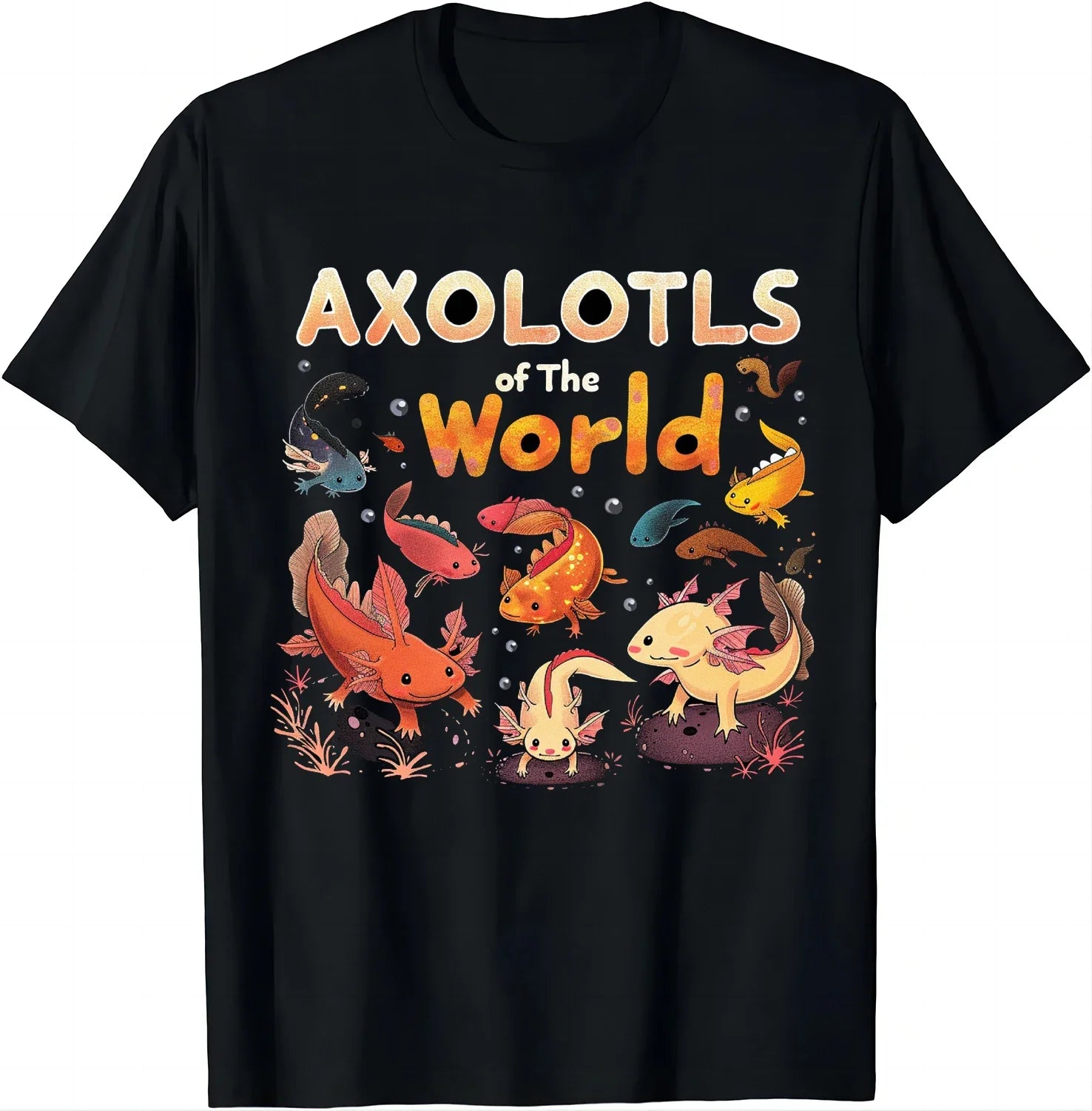 Casual Black T-shirt Patterned Axolotls - Item - BAI-DAY