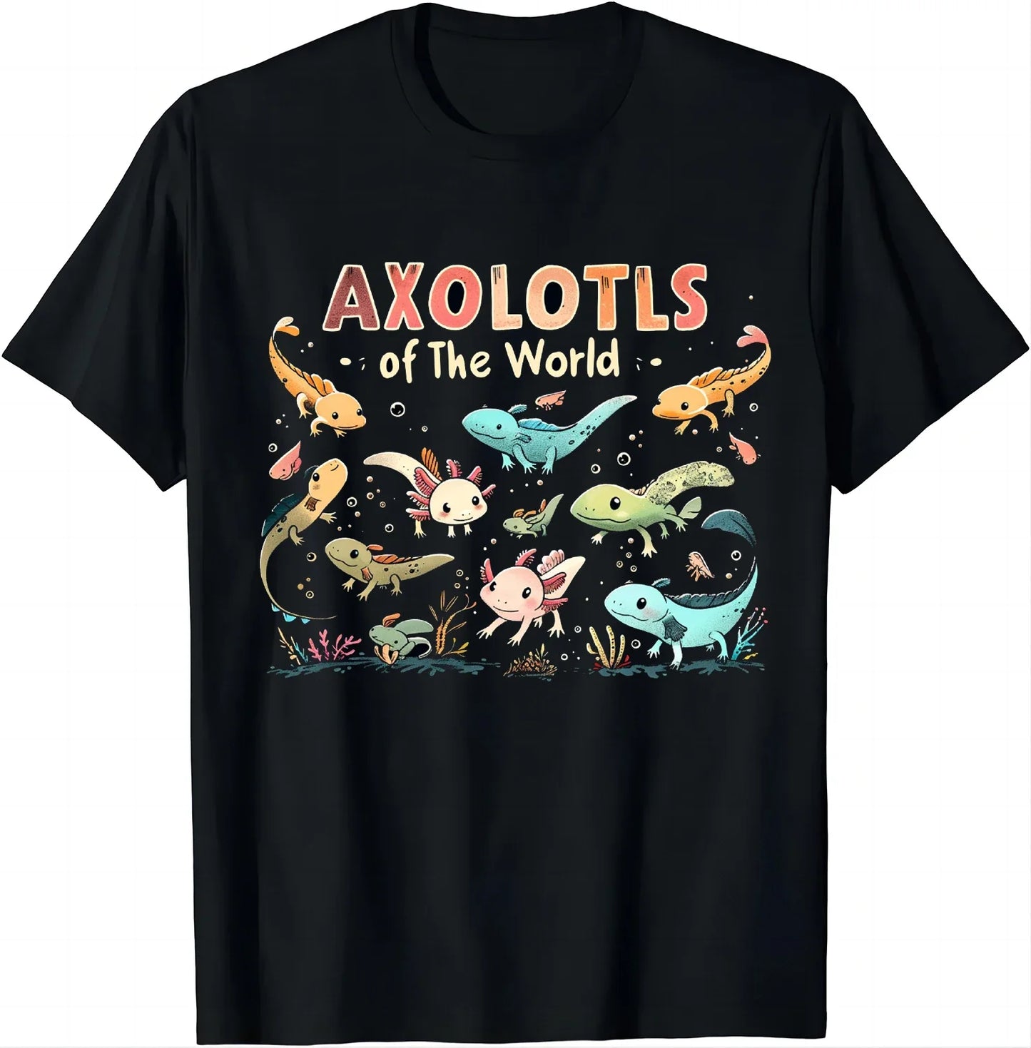 Casual Black T-shirt Patterned Axolotls - Item - BAI-DAY