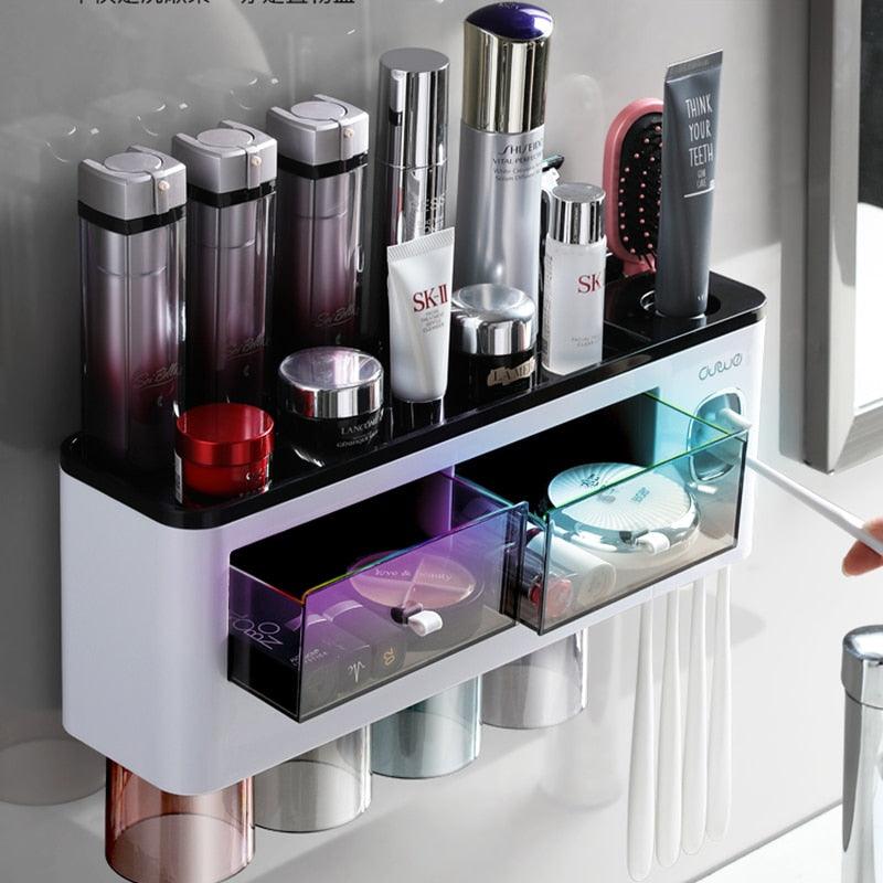 Bathroom Accessory Organizer Storage shelf with Toothpaste Dispenser & Cup holders - Item - BAI-DAY
