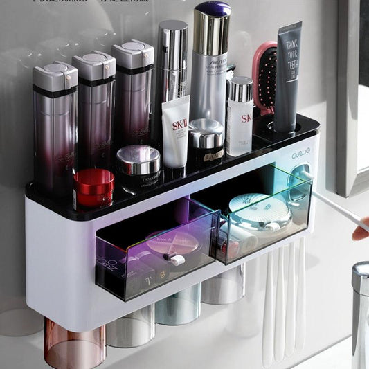 Bathroom Accessory Organizer Storage shelf with Toothpaste Dispenser & Cup holders - Item - BAI-DAY