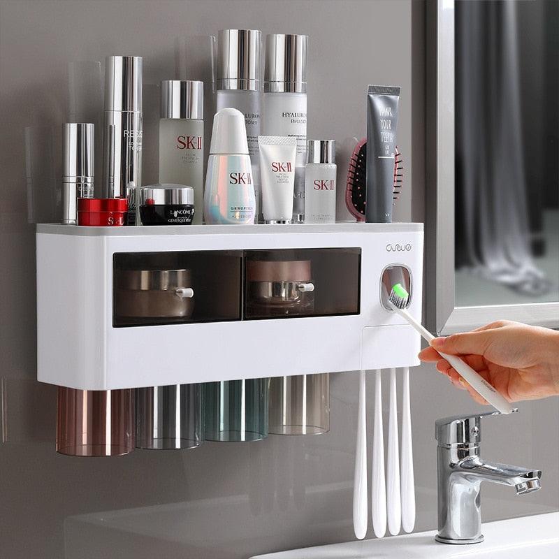 Bathroom Accessory Organizer Storage shelf with Toothpaste Dispenser & Cup holders - Item - BAI-DAY