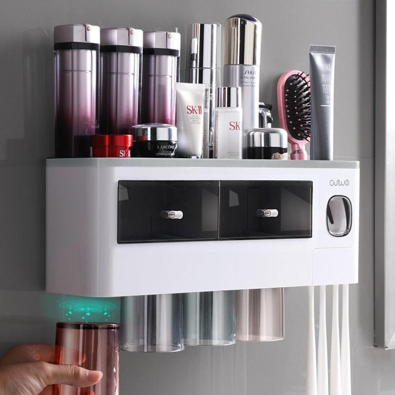 Bathroom Accessory Organizer Storage shelf with Toothpaste Dispenser & Cup holders - Item - BAI-DAY