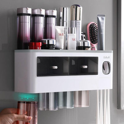 Bathroom Accessory Organizer Storage shelf with Toothpaste Dispenser & Cup holders - Item - BAI-DAY