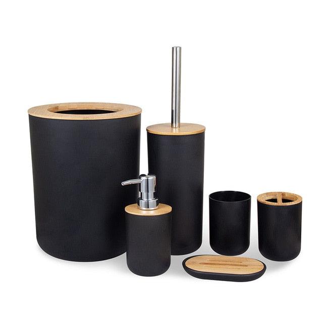 Set of 6 Bamboo and Stainless Steel Bathroom Accessories - Item - BAI-DAY