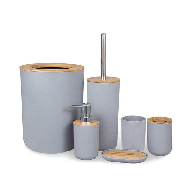 Set of 6 Bamboo and Stainless Steel Bathroom Accessories - Item - BAI-DAY